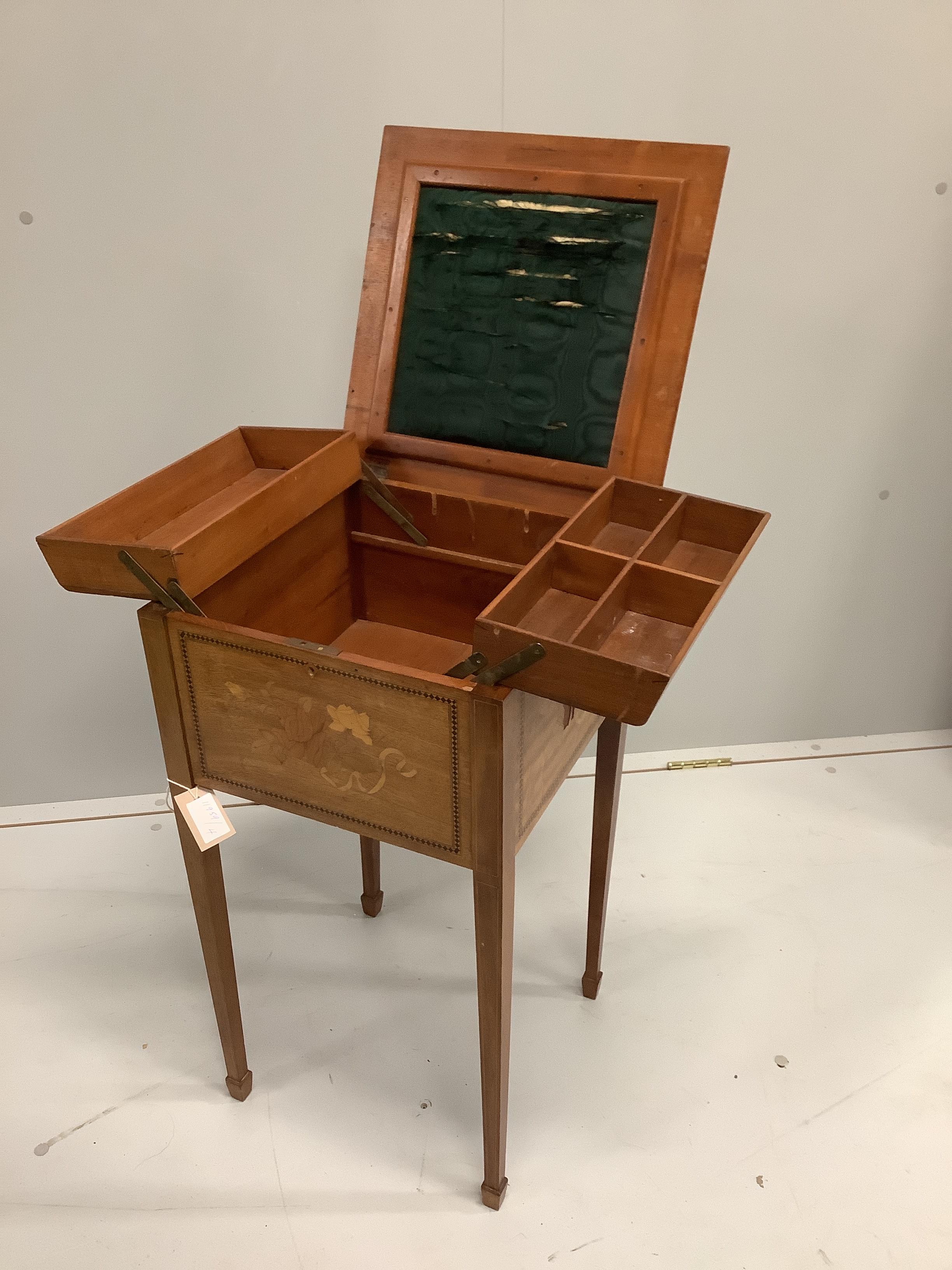 An Edwardian marquetry inlaid satinwood workbox, width 38cm, depth 38cm, height 68cm